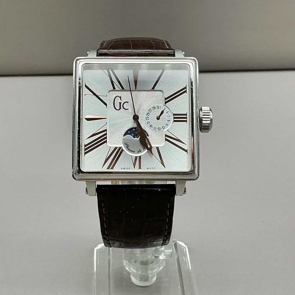 GC Watch Men's GC34000 Swiss Moon Phase Square Brown Leather NEW BATTERY 38mm